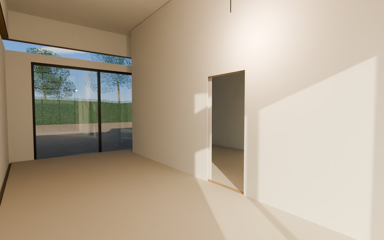 Before: a carpeted room divided by a partition wall with a door