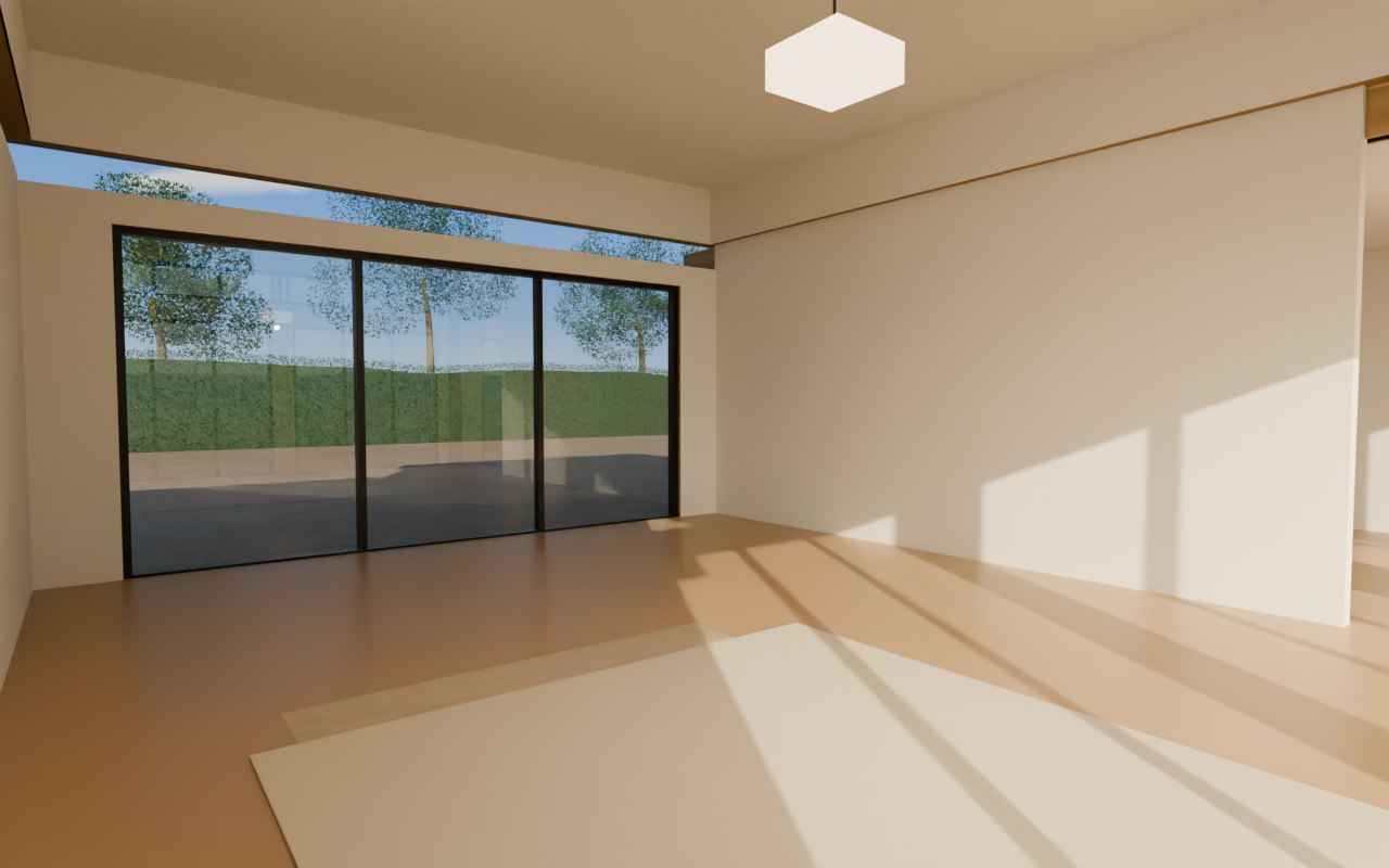 After: the same room opened up, with an oak floor and a new pendant light